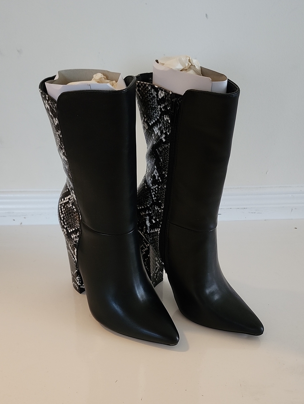 JustFab Black Pointed-Toe Mid-Calf Boots with Snake-Print Panel